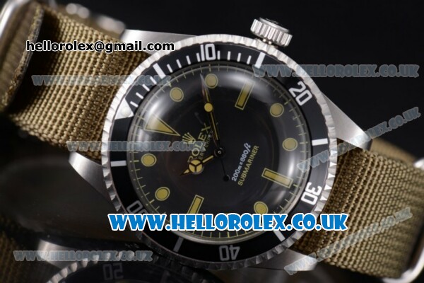 Rolex Submariner Vintage Asia 2813 Automatic Steel Case with Black Dial Green Army Nylon Strap and Dot Markers - Click Image to Close